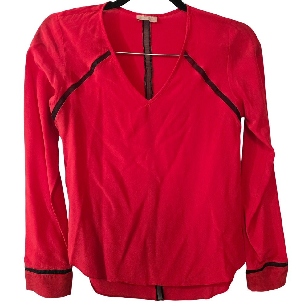 Nell blouse Red 100% Silk V-Neck Long Sleeve Mesh Tape Detail Top Style‎ 4654 XS